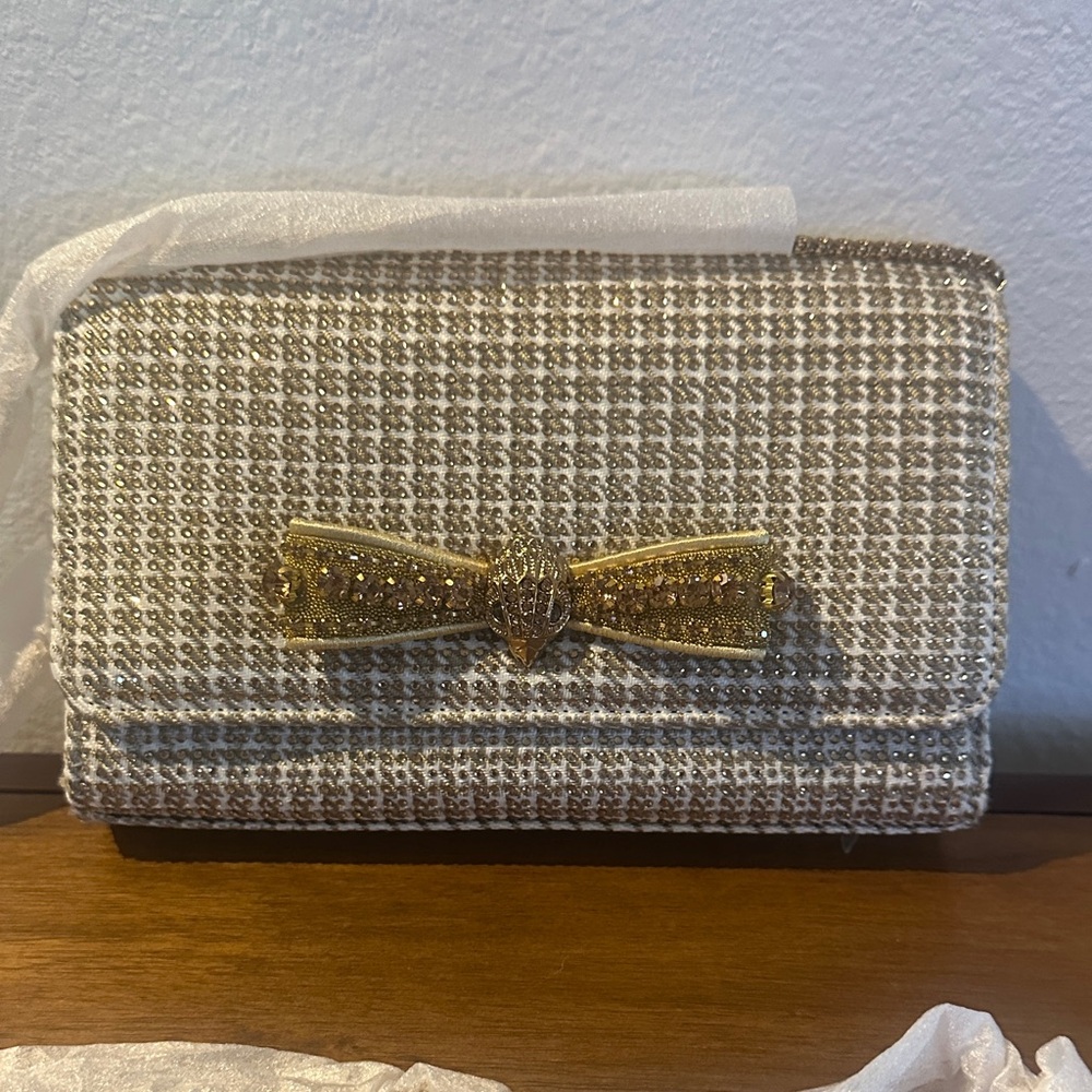 Kurt Geiger Ivory and Gold Bow Embellished Crossbody/Clutch